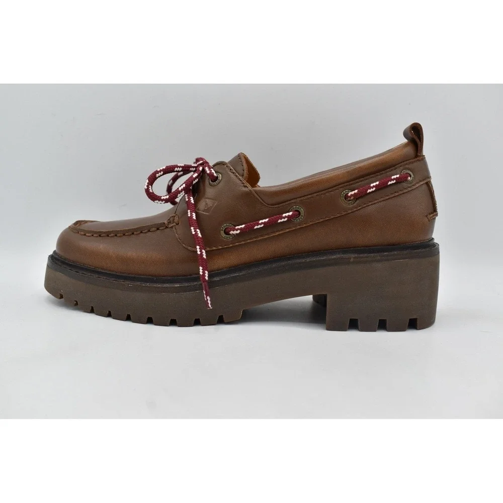Sperry 2 Eye Women Size 8.5 Brown Leather Lug Slip On Boat Shoes Coquette Preppy